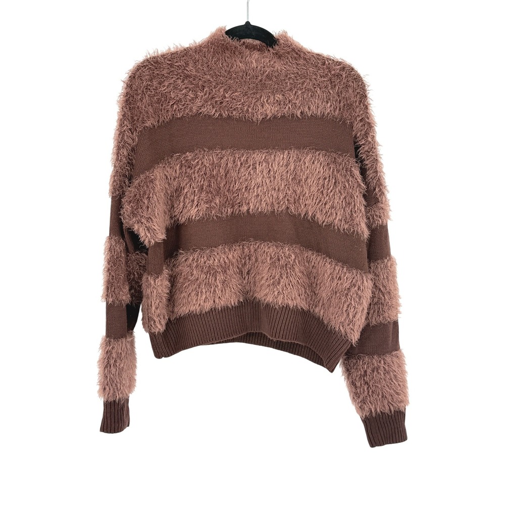 Womens Brown Furry Eyelash Stripe Whimsigoth Mock Neck Sweater Size M Grunge